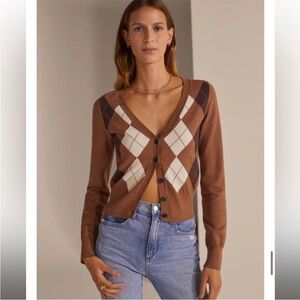 Favorite Daughter Brown Argyle Cropped V-Neck Cardigan with Cream and Dark Brown